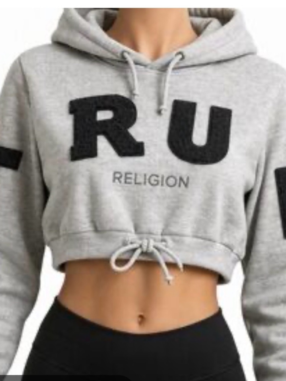 EUC True Religion Grey Y2K Cropped Hoodie - "TRUE" Black Glitter Spellout